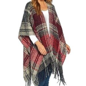 Woolrich Plaid Boho Shawl  Fringe Trim Burgundy Soft Cozy One Size